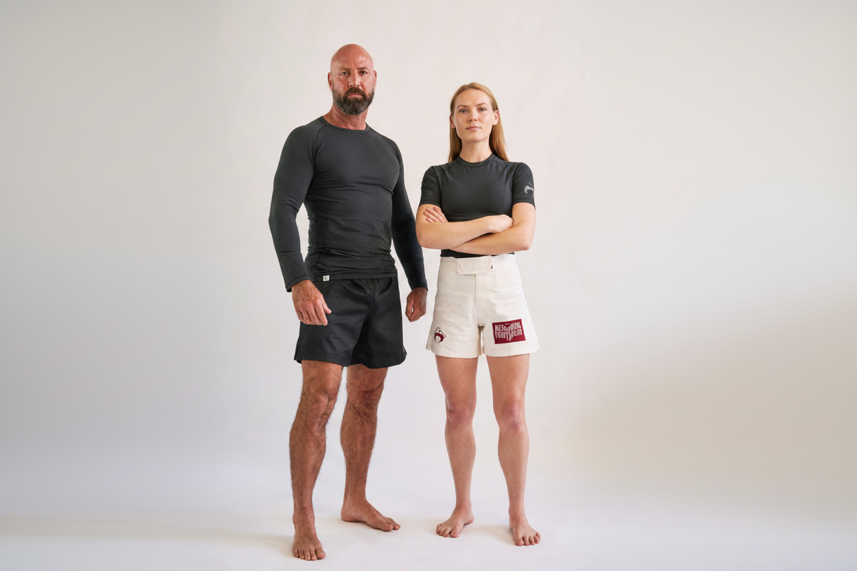 Man and woman wearing athletic clothing on a plain background
