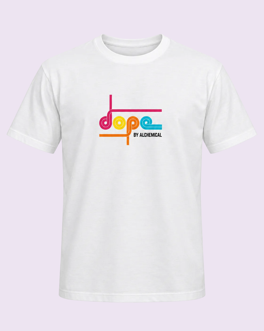 A white short-sleeve crewneck t-shirt featuring a colorful retro-style graphic on the chest with the text &