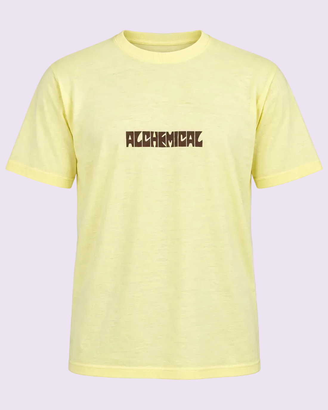 A pale yellow heathered short-sleeve t-shirt with the word &