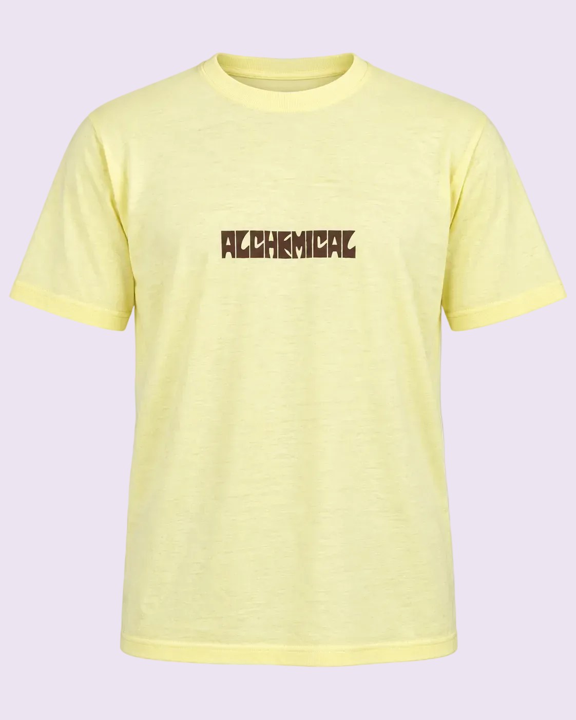 A pale yellow heathered short-sleeve t-shirt with the word &