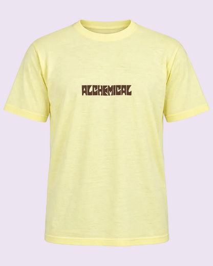 A pale yellow heathered short-sleeve t-shirt with the word &