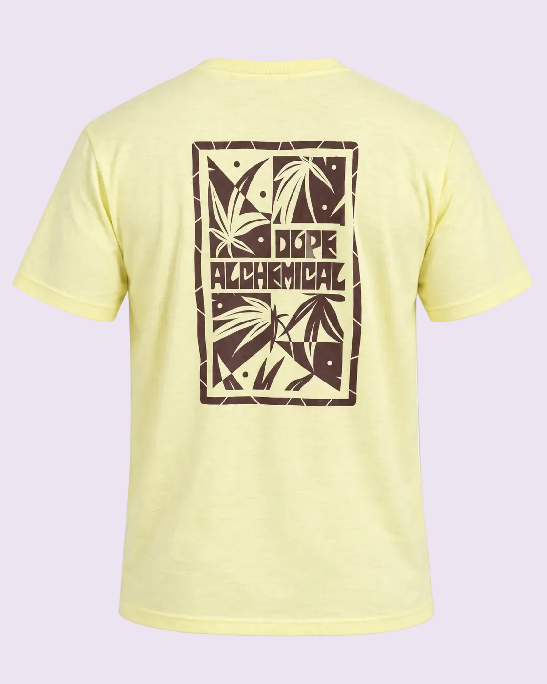 A pale yellow heathered short-sleeve t-shirt shown from the back, featuring a large dark brown graphic print with tropical leaves and the text &