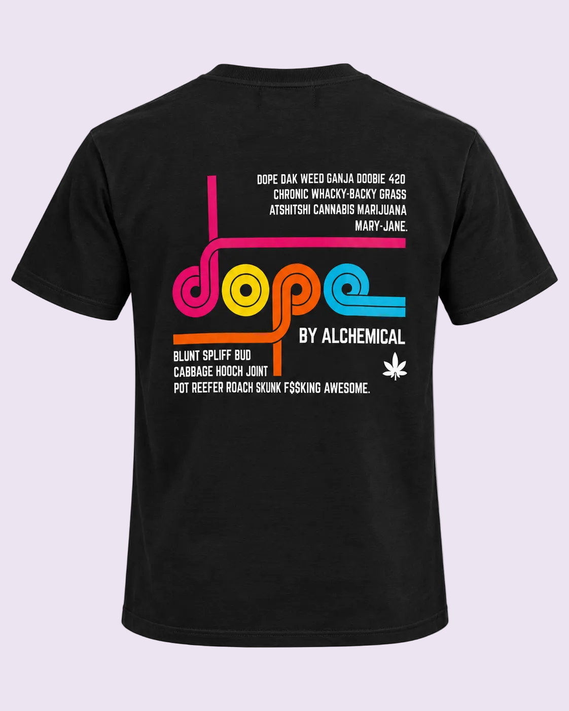 A black short-sleeve t-shirt shown from the back, featuring a colorful graphic with the word &