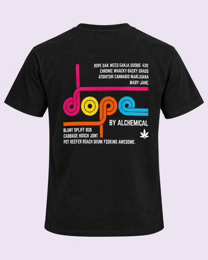 A black short-sleeve t-shirt shown from the back, featuring a colorful graphic with the word &