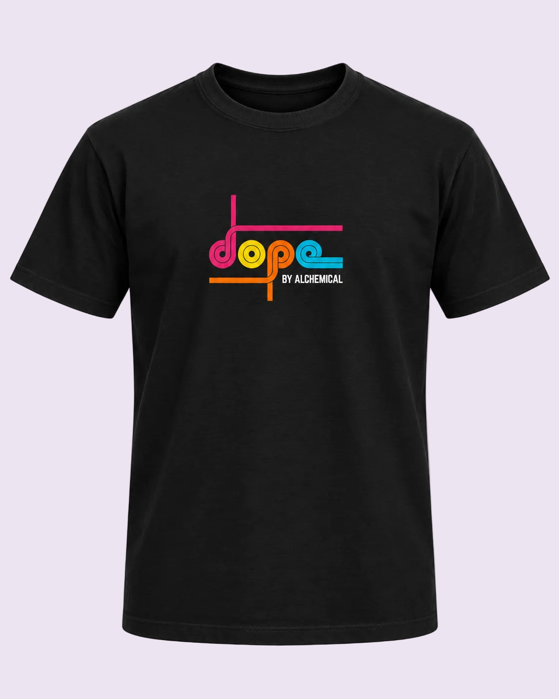 A black short-sleeve crewneck t-shirt featuring a colorful retro-style graphic on the chest with the word &