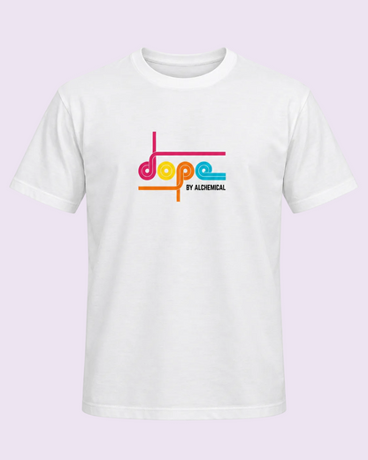 A white short-sleeve crewneck t-shirt featuring a colorful retro-style graphic on the chest with the text &