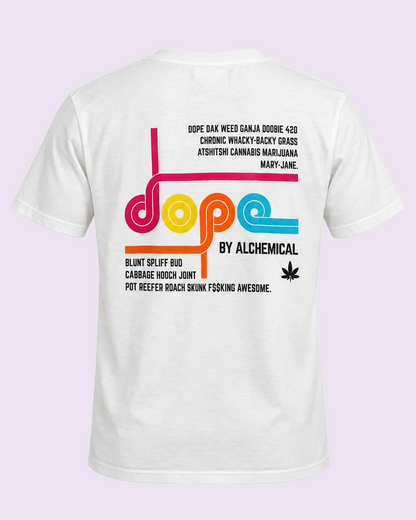 White short-sleeve t-shirt showing the back graphic with the word &