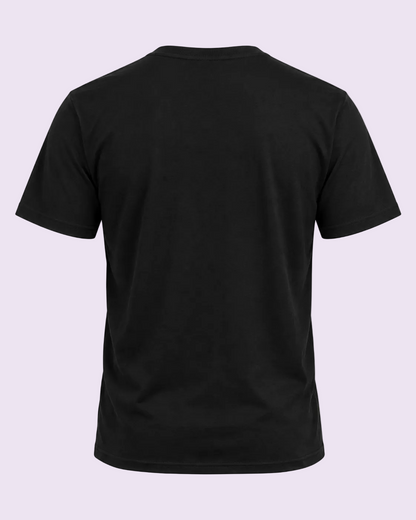 A black short-sleeve crewneck t-shirt shown from the back, photographed against a solid white background.