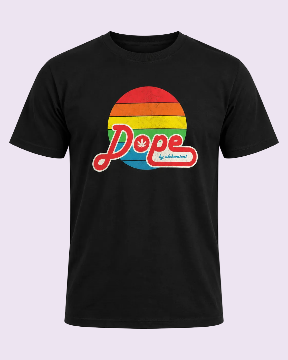 A black short-sleeve t-shirt with a retro-style graphic on the chest. The graphic features a distressed rainbow-striped circle with the word &