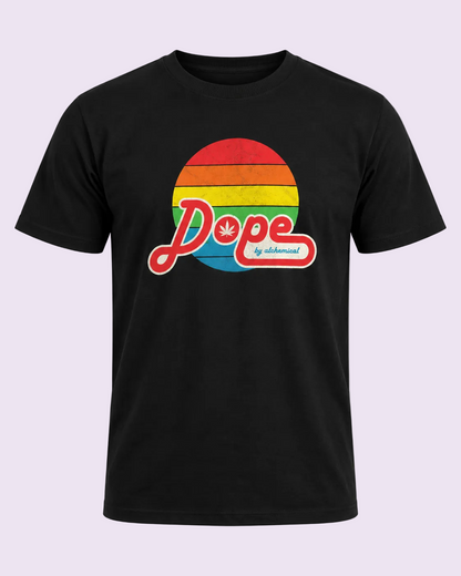 A black short-sleeve t-shirt with a retro-style graphic on the chest. The graphic features a distressed rainbow-striped circle with the word &