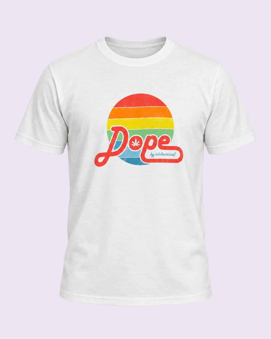 A white short-sleeve crewneck t-shirt featuring a retro circular graphic with horizontal red, orange, yellow, green, and blue stripes, overlaid with the word &
